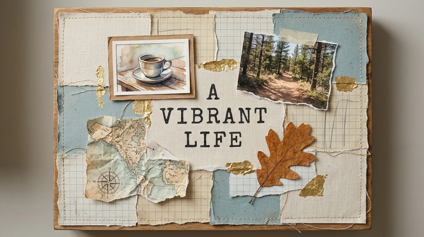 A mixed media collage with various textures and fragments of weekend activities, centered with the text 'A VIBRANT LIFE'.