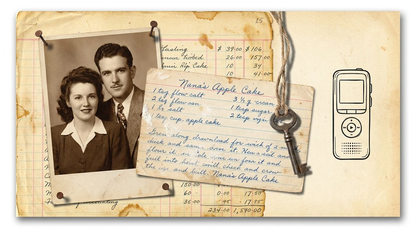 A mixed media flat-lay featuring an old family photograph, a handwritten recipe, and a skeleton key on aged paper.