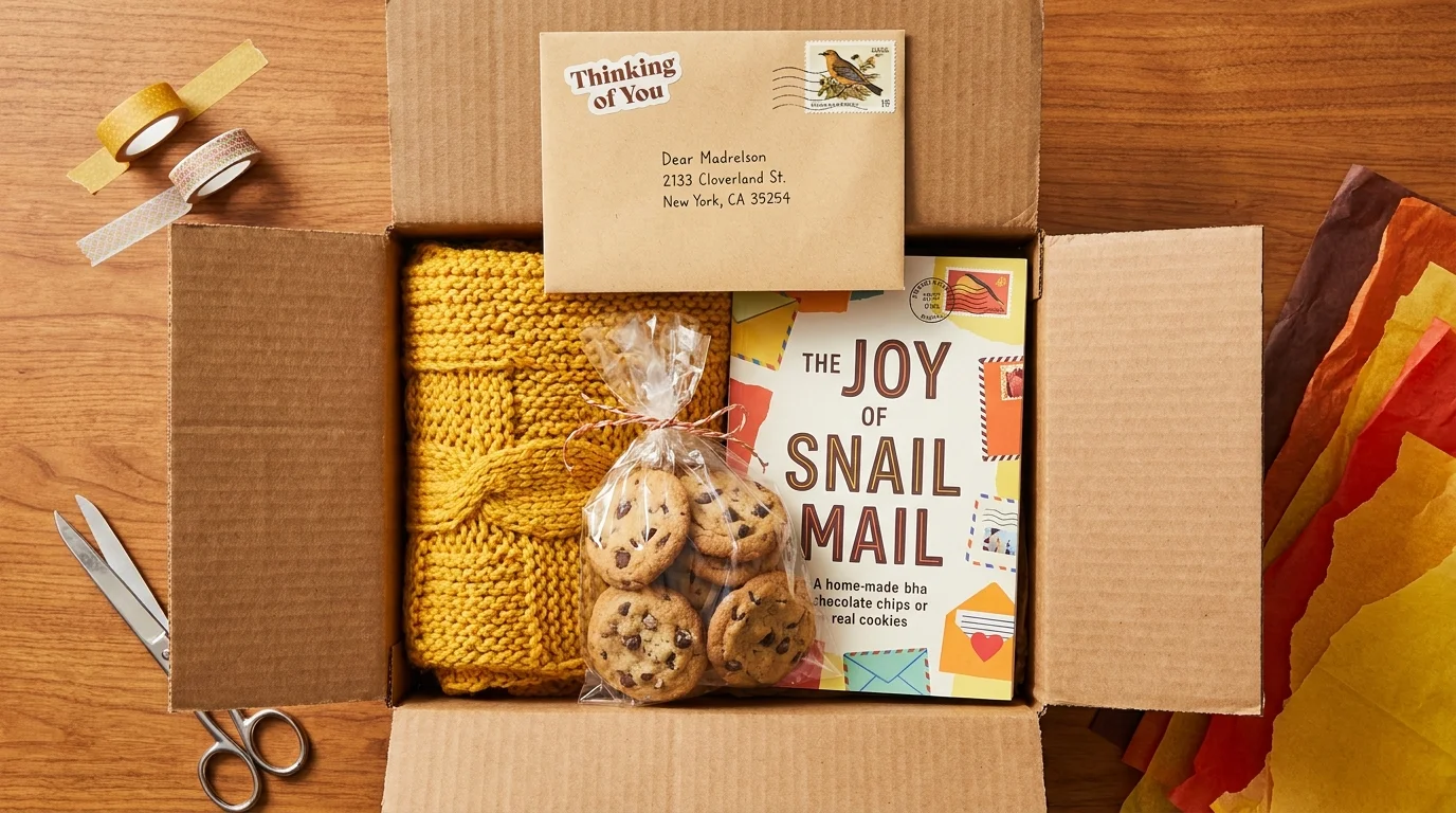 A mixed media flat-lay of a care package being packed with a knitted scarf, cookies, and a handwritten letter.