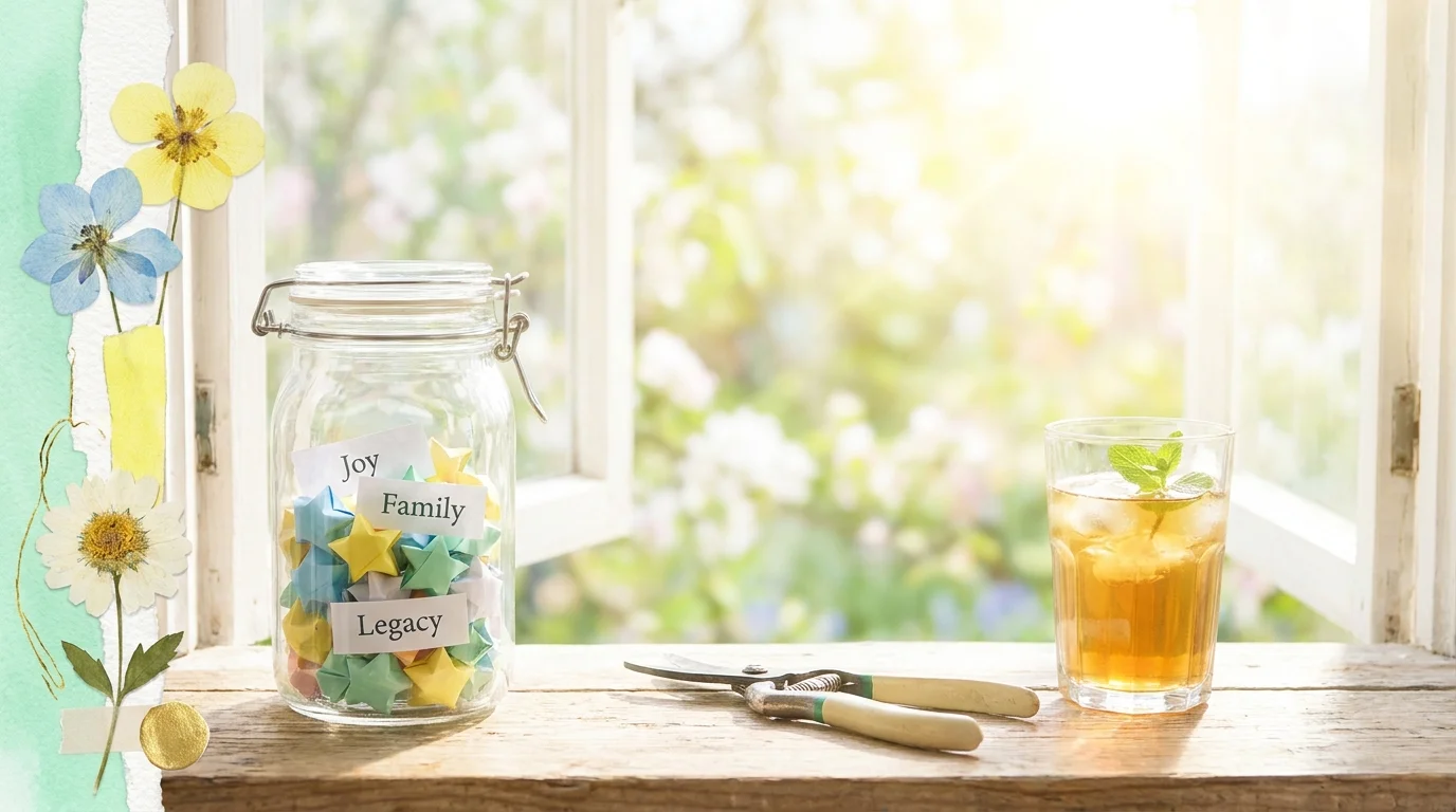 A mixed-media image of a memory jar on a sunny windowsill overlooking a garden, symbolizing a happy retirement.