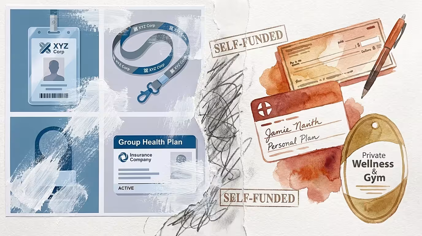 A mixed media piece showing corporate badges being replaced by personal checkbooks and insurance cards.