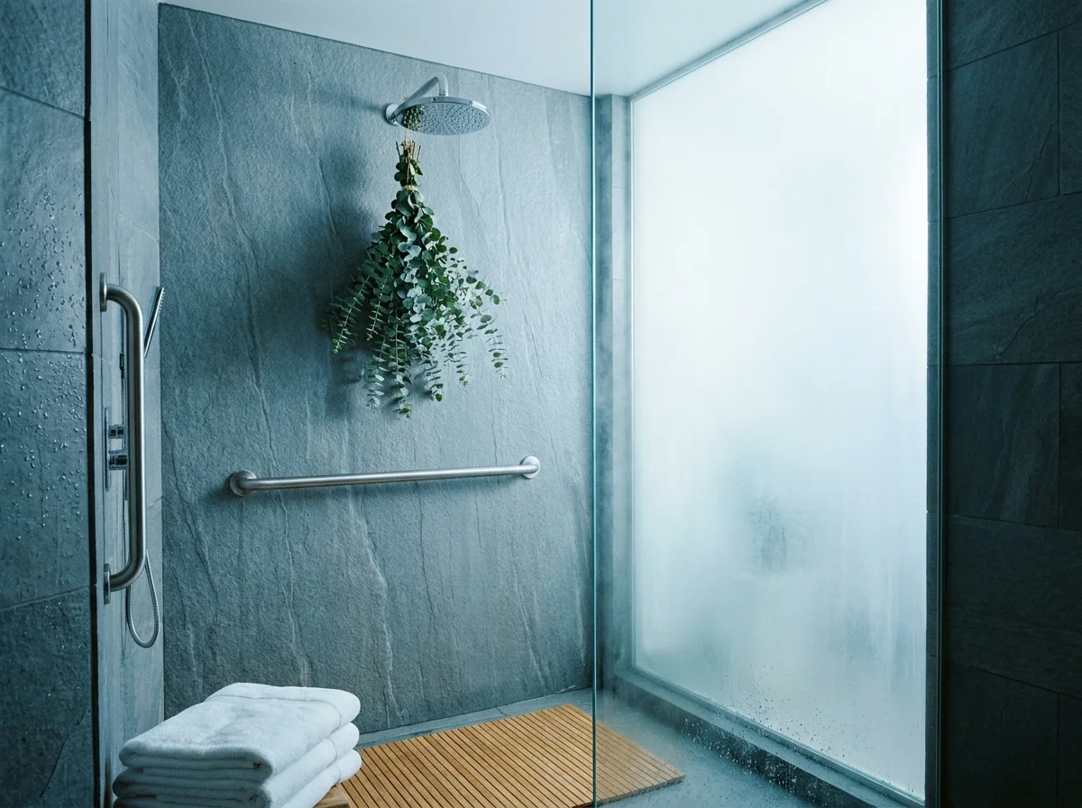 A modern bathroom with a eucalyptus-adorned shower and a safety grab bar, styled like a spa.