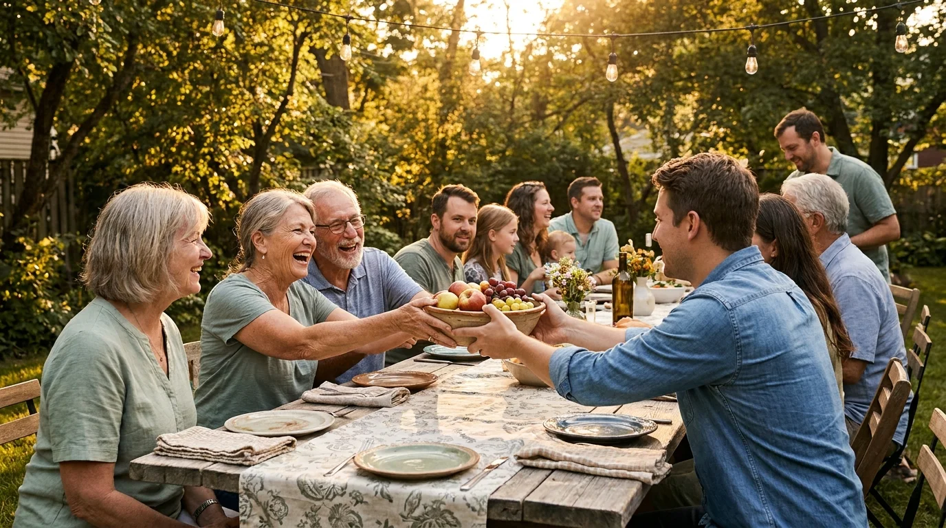 A multi-generational family sharing a meal and laughing together at an outdoor table during the golden hour.