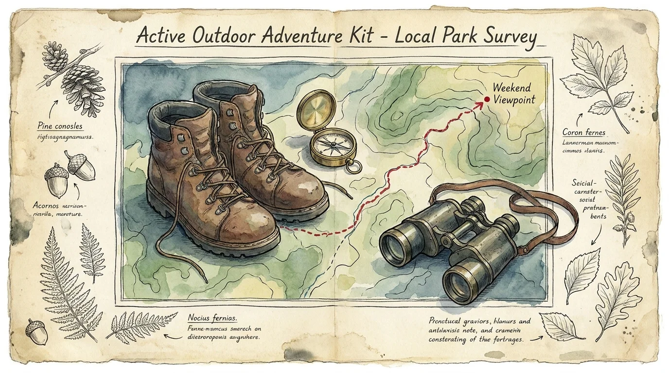 A naturalist-style watercolor illustration of hiking boots, a compass, and binoculars on a topographical trail map.