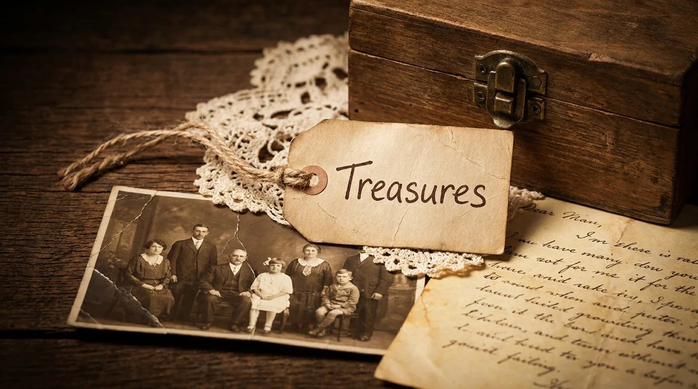 A nostalgic collage of old photos, lace, and a wooden box labeled 'Treasures' to represent the importance of keepsake storage.