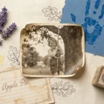 A nostalgic mixed-media collage featuring a vintage photo, a pressed flower, a handwritten recipe card for apple pie, and a child's handprin