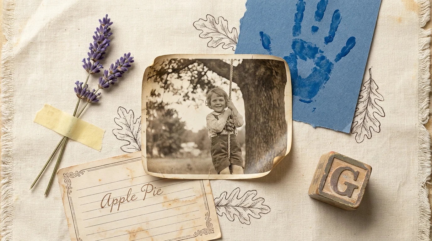 A nostalgic mixed-media collage featuring a vintage photo, a pressed flower, a handwritten recipe card for apple pie, and a child's handprin