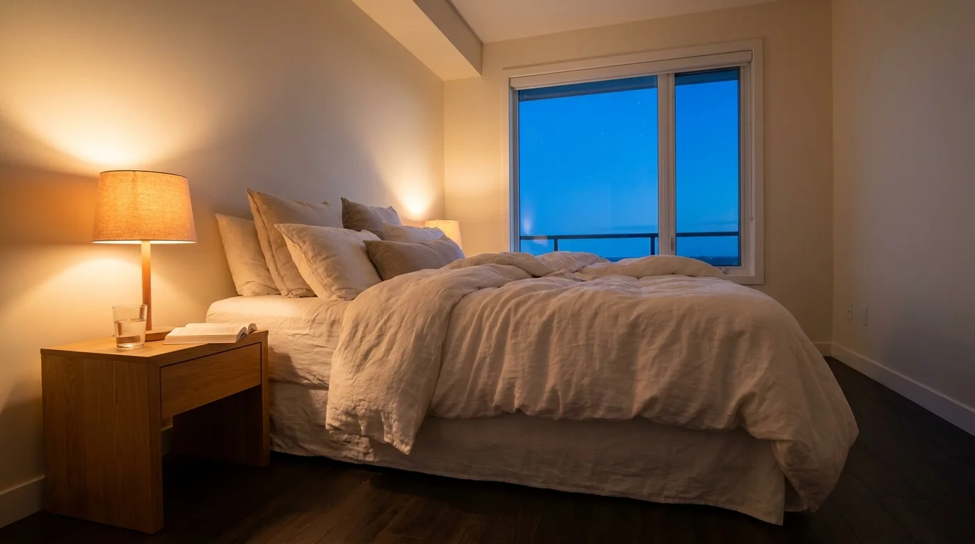 A peaceful bedroom at twilight with a well-made bed, soft lamp lighting, and a window showing the blue night sky.