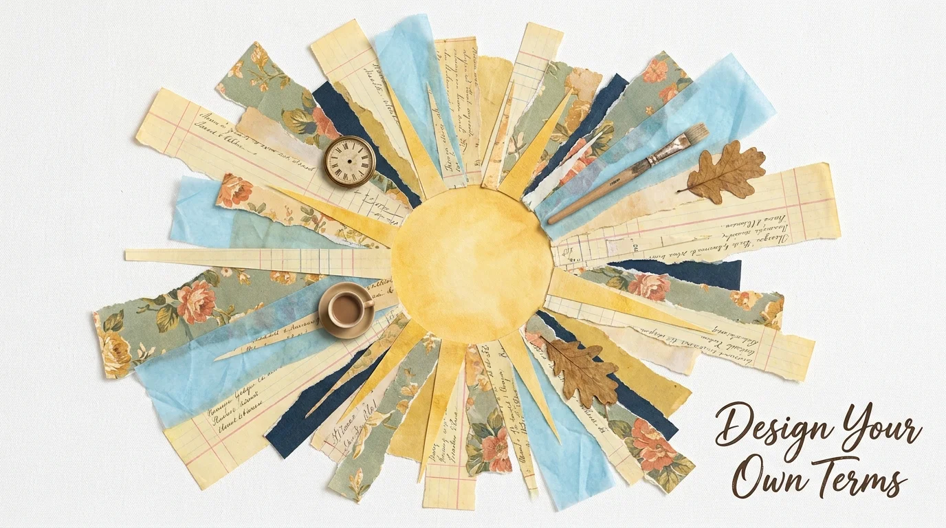 A peaceful collage of a sunburst made from different paper textures, representing a balanced and happy retirement.
