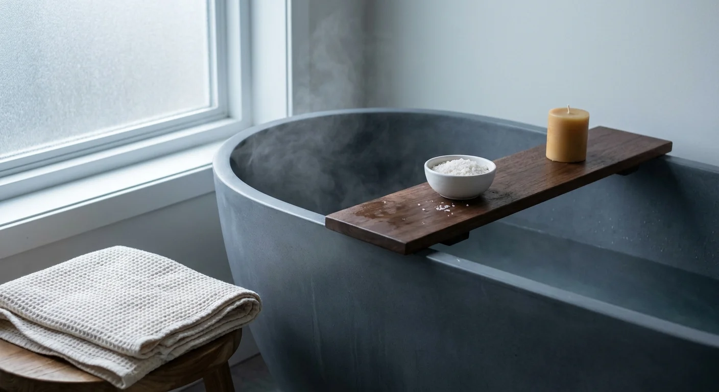 A peaceful photograph of a deep soaking bathtub with steam rising, featuring a wooden tray and soft natural lighting.