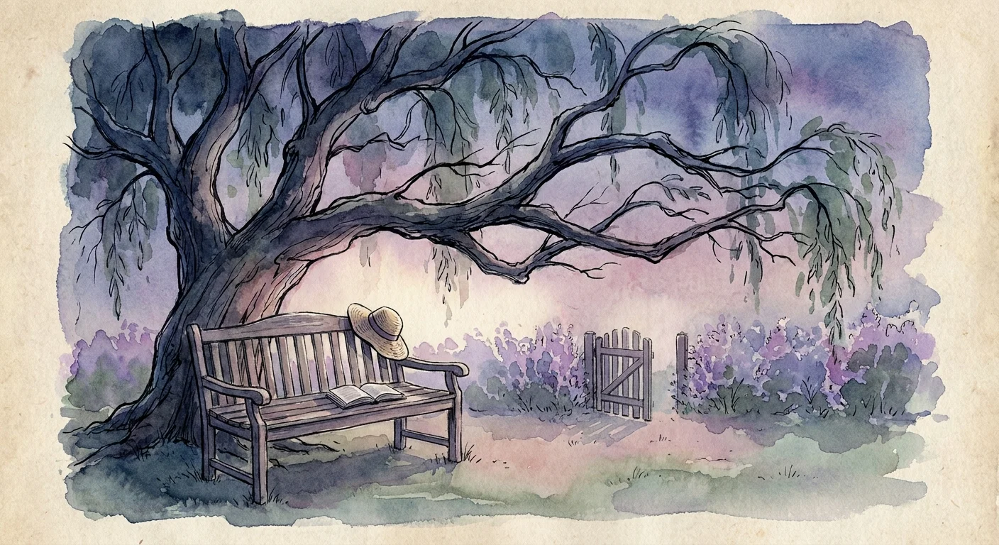 A peaceful watercolor illustration of a garden bench under a tree at twilight, symbolizing a blissful retirement.