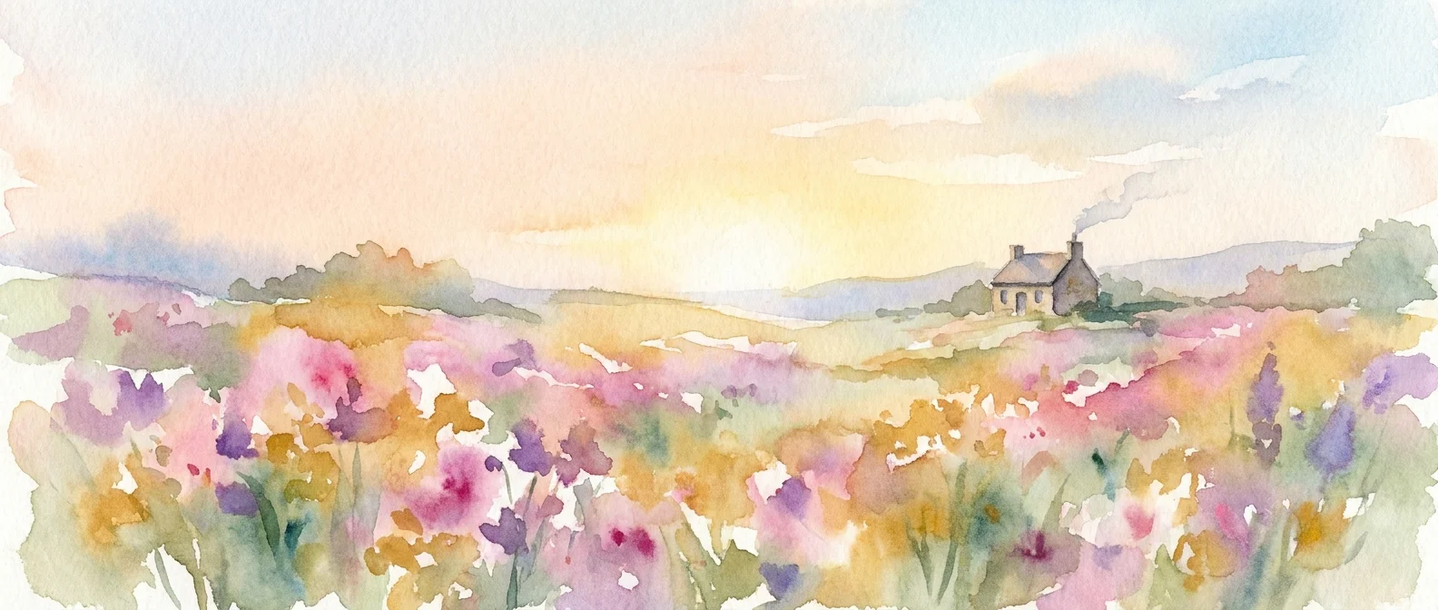 A peaceful watercolor painting of a sunlit garden and a cottage at the start of a beautiful day.