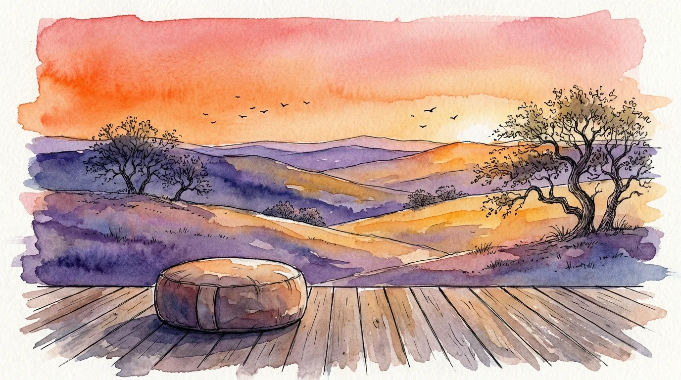 A peaceful watercolor painting of a sunset over the Texas Hill Country, viewed from a quiet meditation deck.