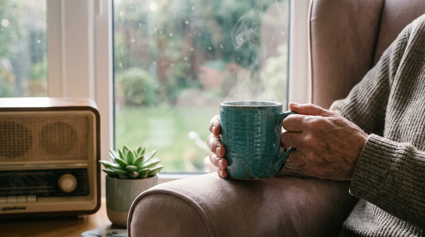 A person holds a steaming ceramic mug while sitting in a sunlit chair by a window, creating a peaceful morning atmosphere.
