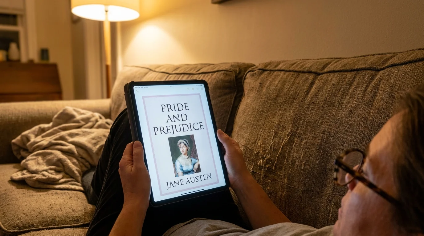 A person relaxes on a couch while reading an ebook on a tablet in the warm glow of a lamp.