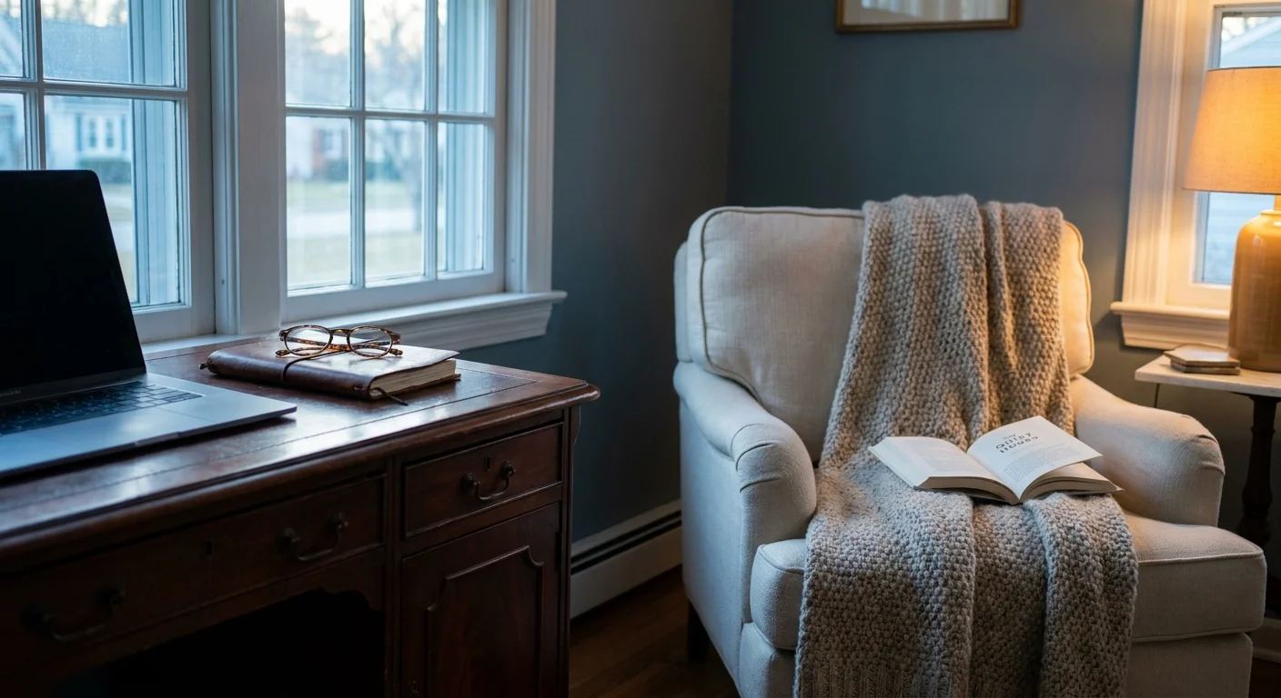 A photograph of a home office desk next to a cozy reading chair, illustrating the physical boundary between work and rest.