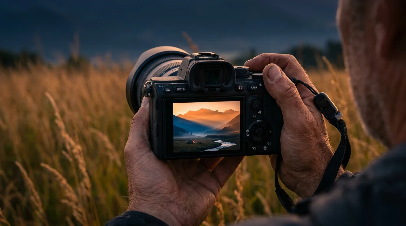 A photographer's hands hold a camera showing a beautiful mountain sunrise on its screen in a golden field.