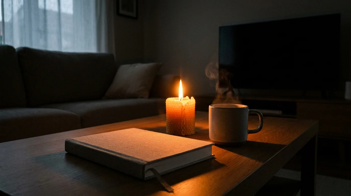 A quiet evening scene with a lit candle, a journal, and a mug of tea on a table at dusk.