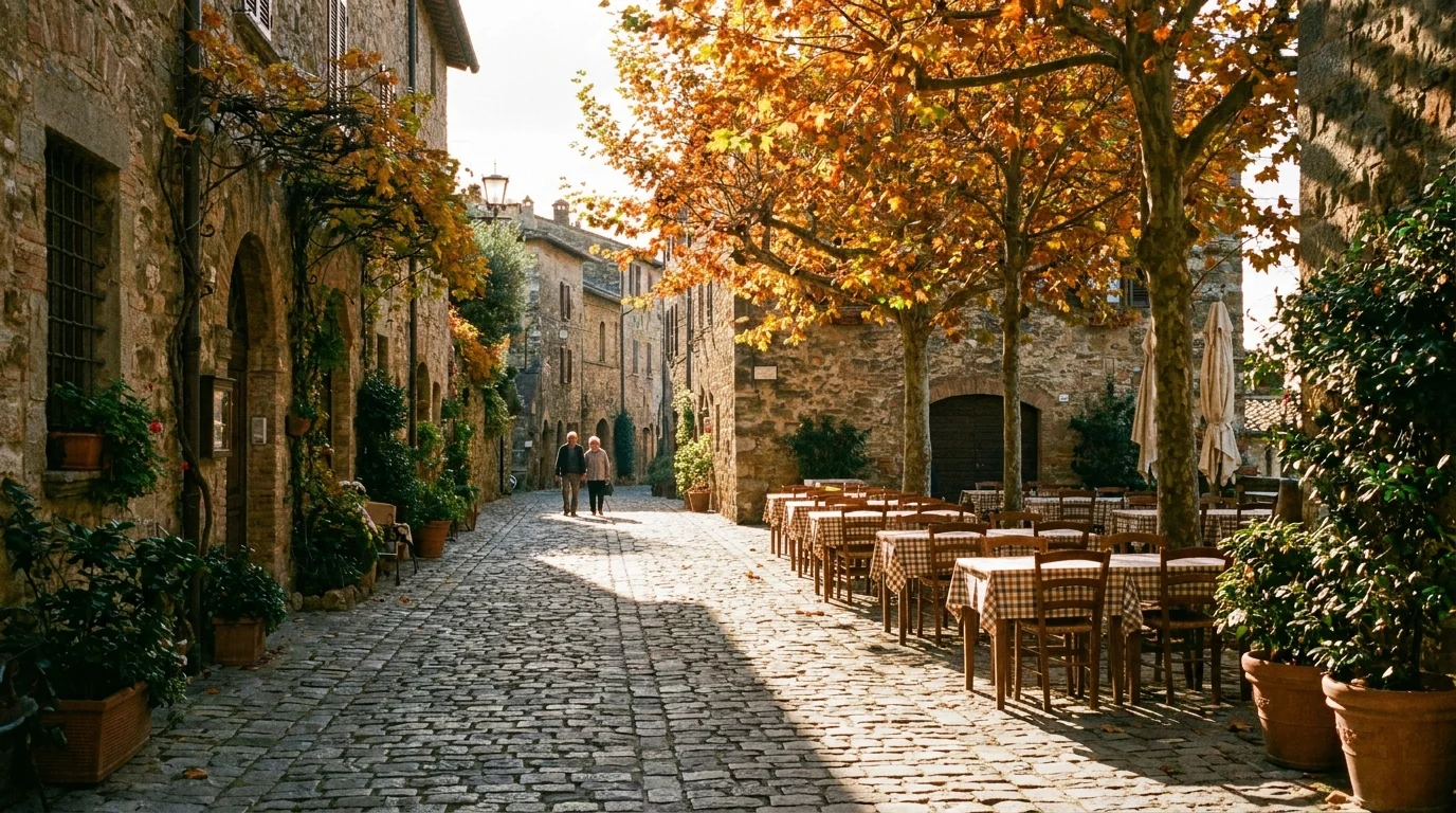 A quiet, sun-drenched European street during the autumn shoulder season, free from tourist crowds.