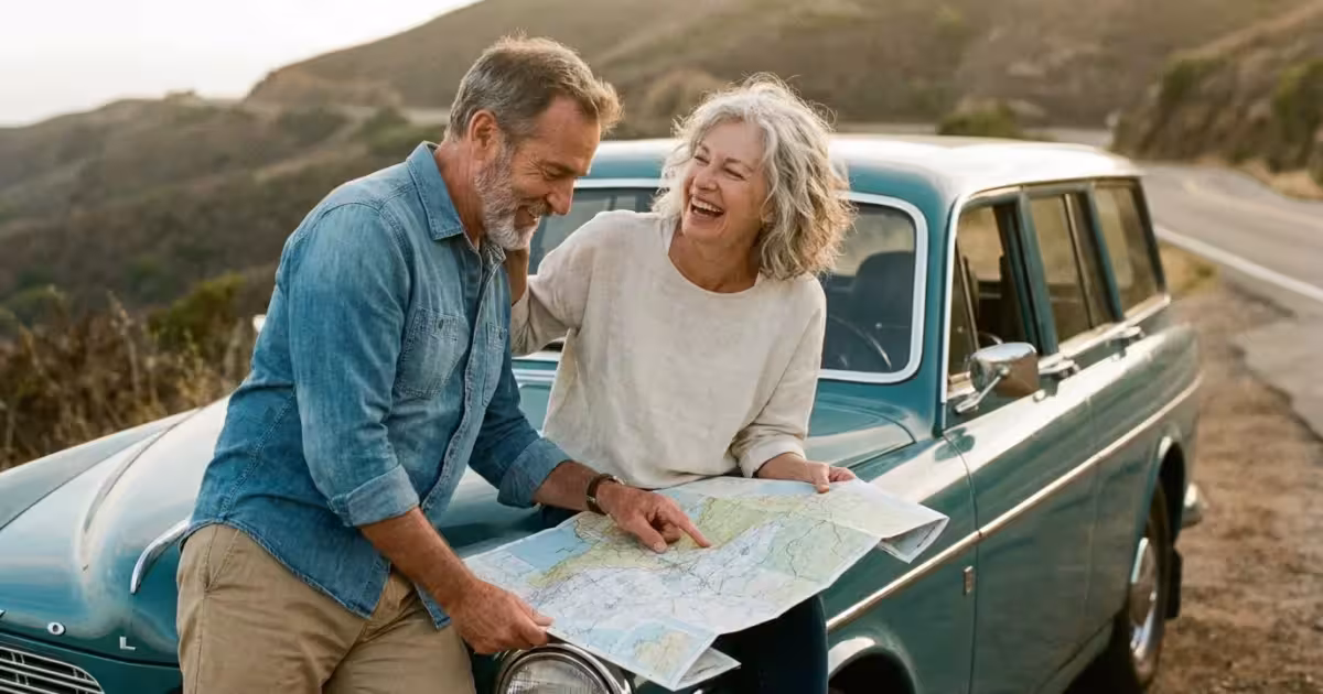 A retired couple laughs while looking at a road map on the hood of their car at sunset, symbolizing a new chapter of adventure.