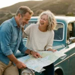 A retired couple laughs while looking at a road map on the hood of their car at sunset, symbolizing a new chapter of adventure.