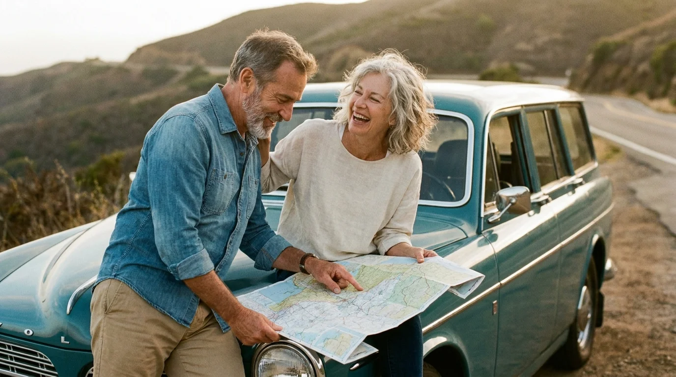 A retired couple laughs while looking at a road map on the hood of their car at sunset, symbolizing a new chapter of adventure.