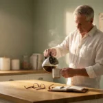 A retired man pouring morning coffee in a sunlit kitchen with a scheduled wall calendar in the background.