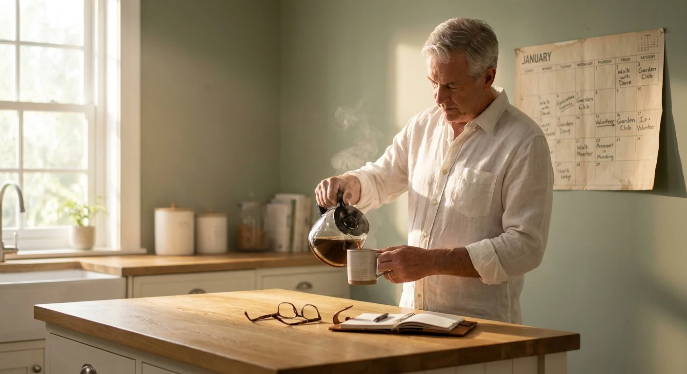 A retired man pouring morning coffee in a sunlit kitchen with a scheduled wall calendar in the background.