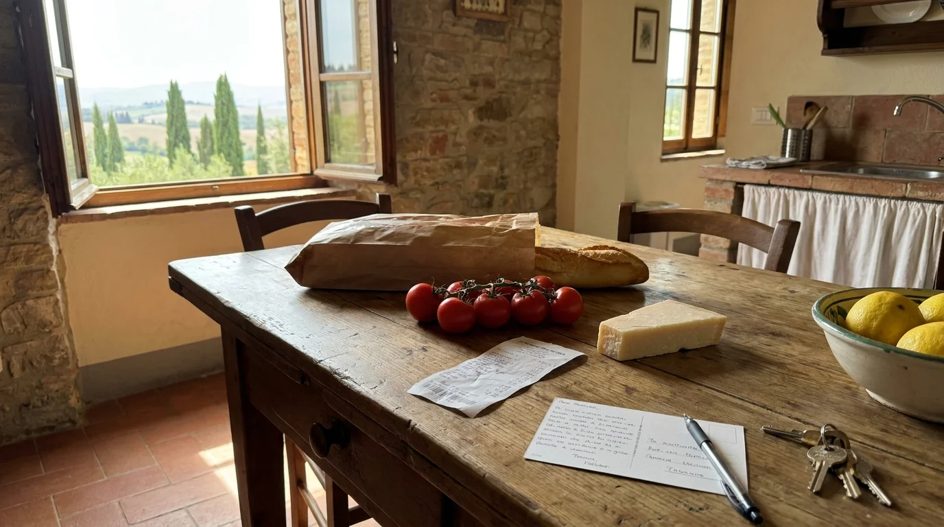 A rustic kitchen table in Italy with fresh groceries and a view of the countryside.