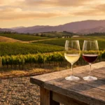 A scenic vineyard at sunset with two wine glasses on a rustic wooden table in the foreground overlooking rolling green hills.