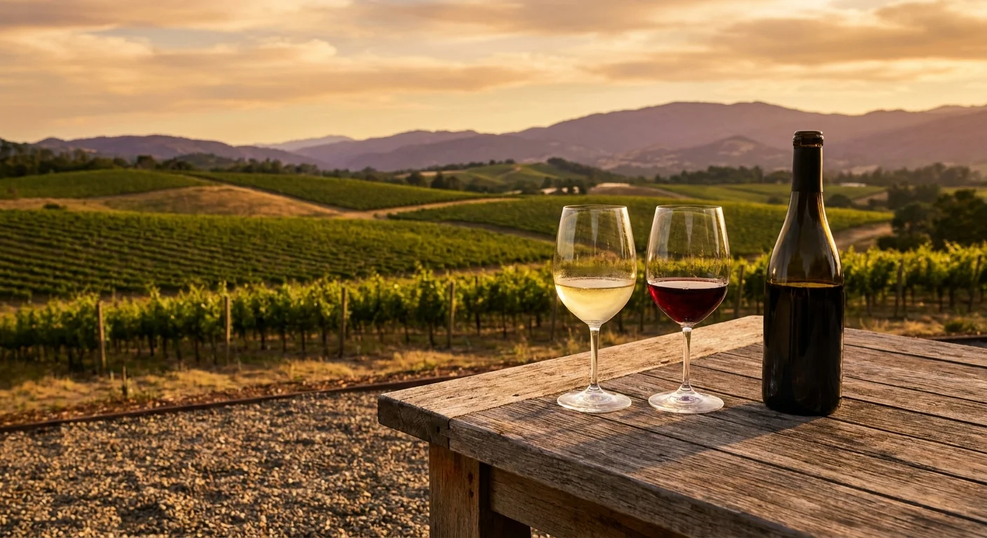 A scenic vineyard at sunset with two wine glasses on a rustic wooden table in the foreground overlooking rolling green hills.
