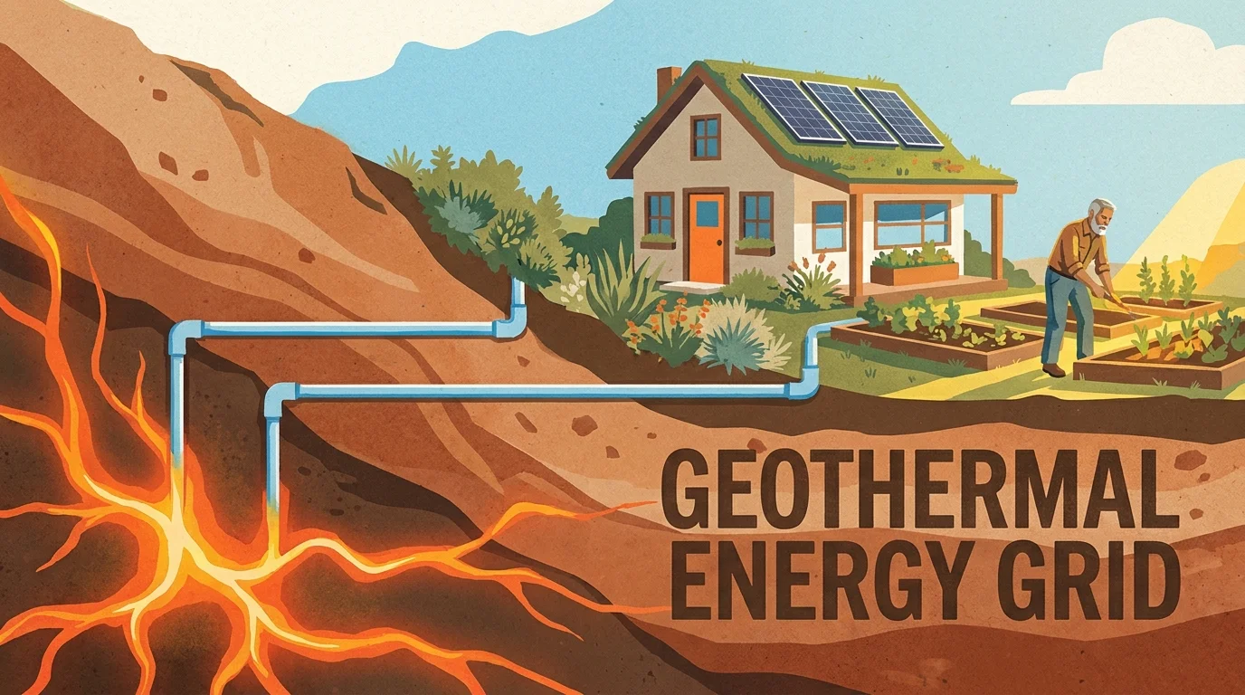 A screenprint-style illustration showing a home powered by underground geothermal heat veins in a mountain setting.