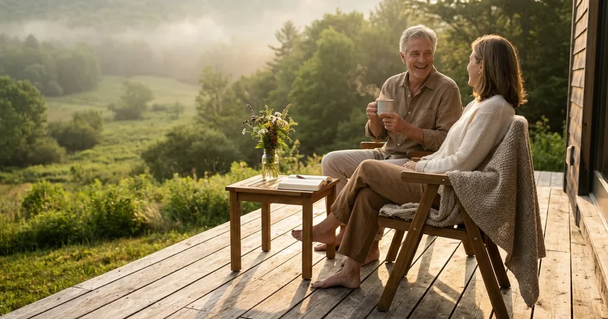 A senior couple enjoys a peaceful morning on a sunlit deck overlooking a valley, capturing the quiet joy of retirement.