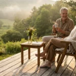 A senior couple enjoys a peaceful morning on a sunlit deck overlooking a valley, capturing the quiet joy of retirement.