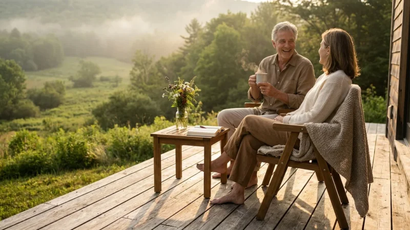 A senior couple enjoys a peaceful morning on a sunlit deck overlooking a valley, capturing the quiet joy of retirement.