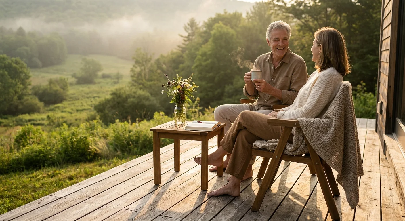 A senior couple enjoys a peaceful morning on a sunlit deck overlooking a valley, capturing the quiet joy of retirement.