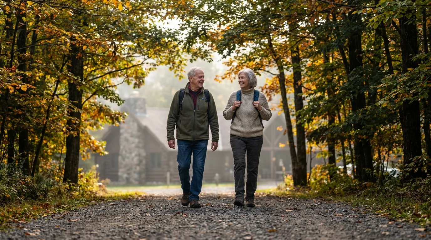 A senior couple enjoys a peaceful morning walk on a flat, wooded trail in the Pocono Mountains at a luxury wellness resort.