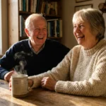 A senior couple laughs together at a sunlit kitchen table with coffee and wildflowers, embodying a joyful and comfortable retirement.