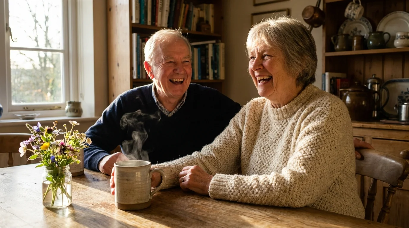 A senior couple laughs together at a sunlit kitchen table with coffee and wildflowers, embodying a joyful and comfortable retirement.