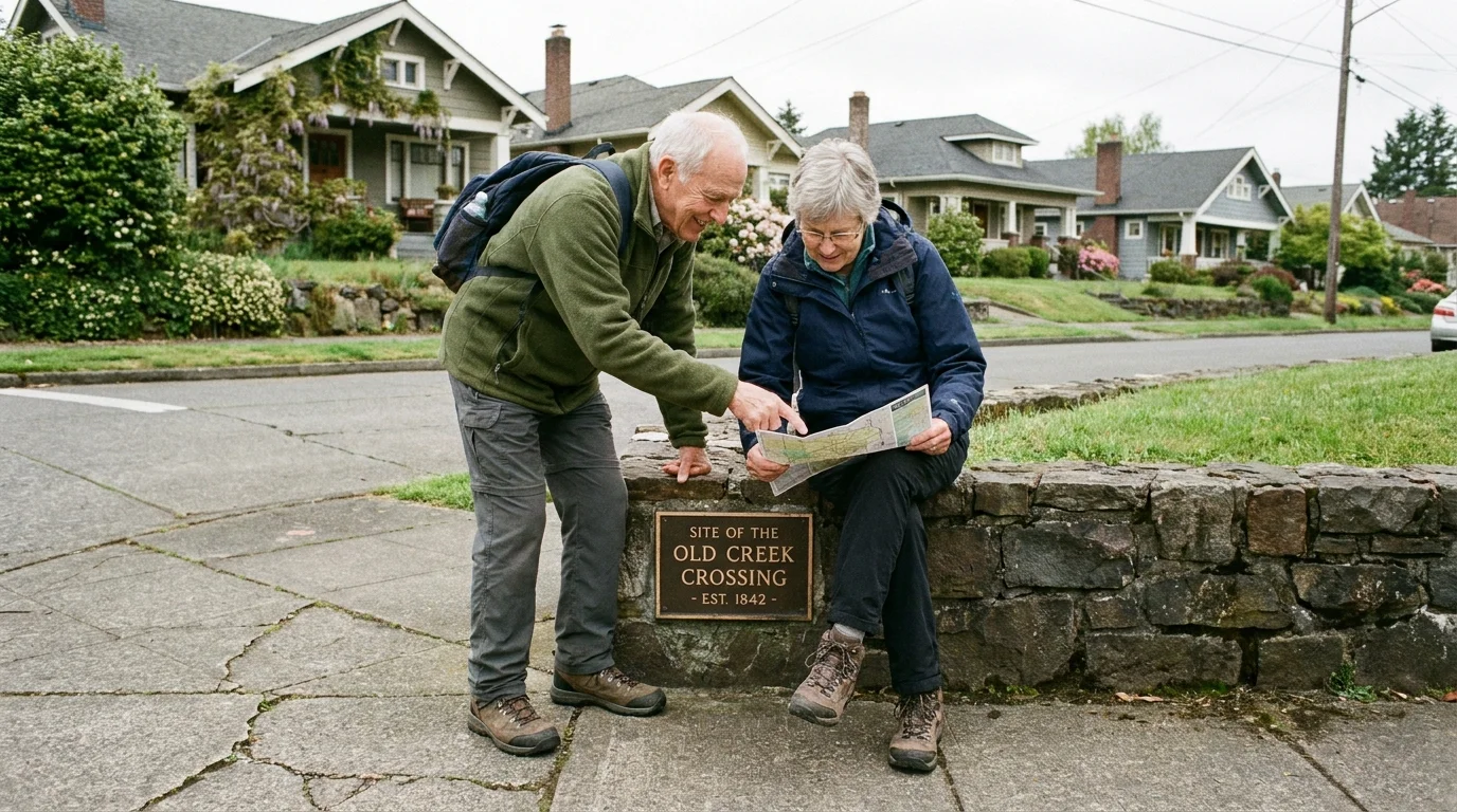 A senior couple stopping to read a historical plaque in their own neighborhood during a walk.