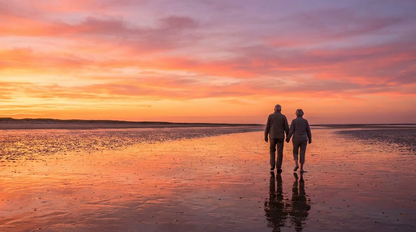 A senior couple walks along a reflective beach at sunset, symbolizing a peaceful and blissful retirement.