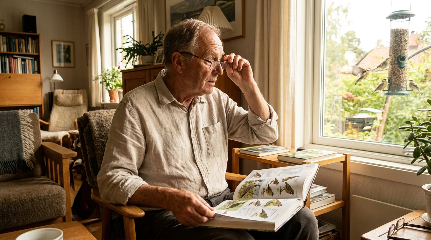 A senior man adjusting his glasses while looking at a bird-watching book in a bright living room.
