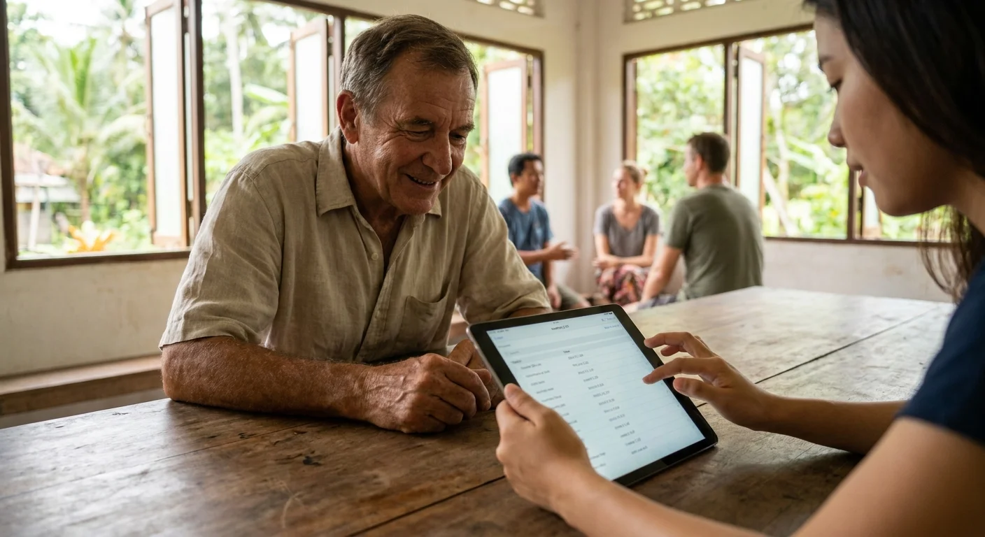 A senior man and a young woman work together on a digital tablet in a bright community center.
