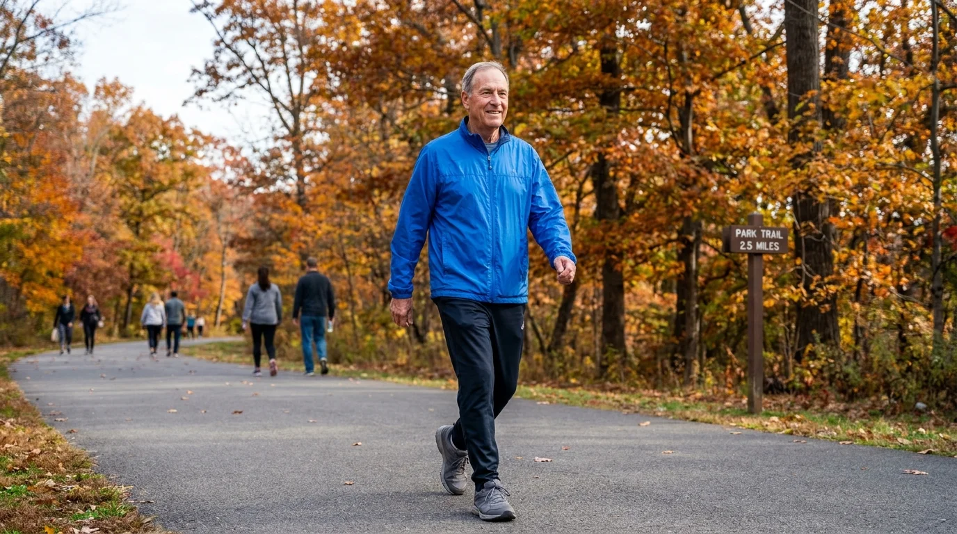 A senior man briskly walking on a park path during a sunny morning for his daily exercise.