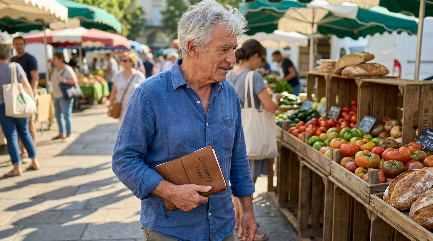 A senior man holding a 'Discovery Hour' notebook while exploring a vibrant local farmer's market on a sunny morning.
