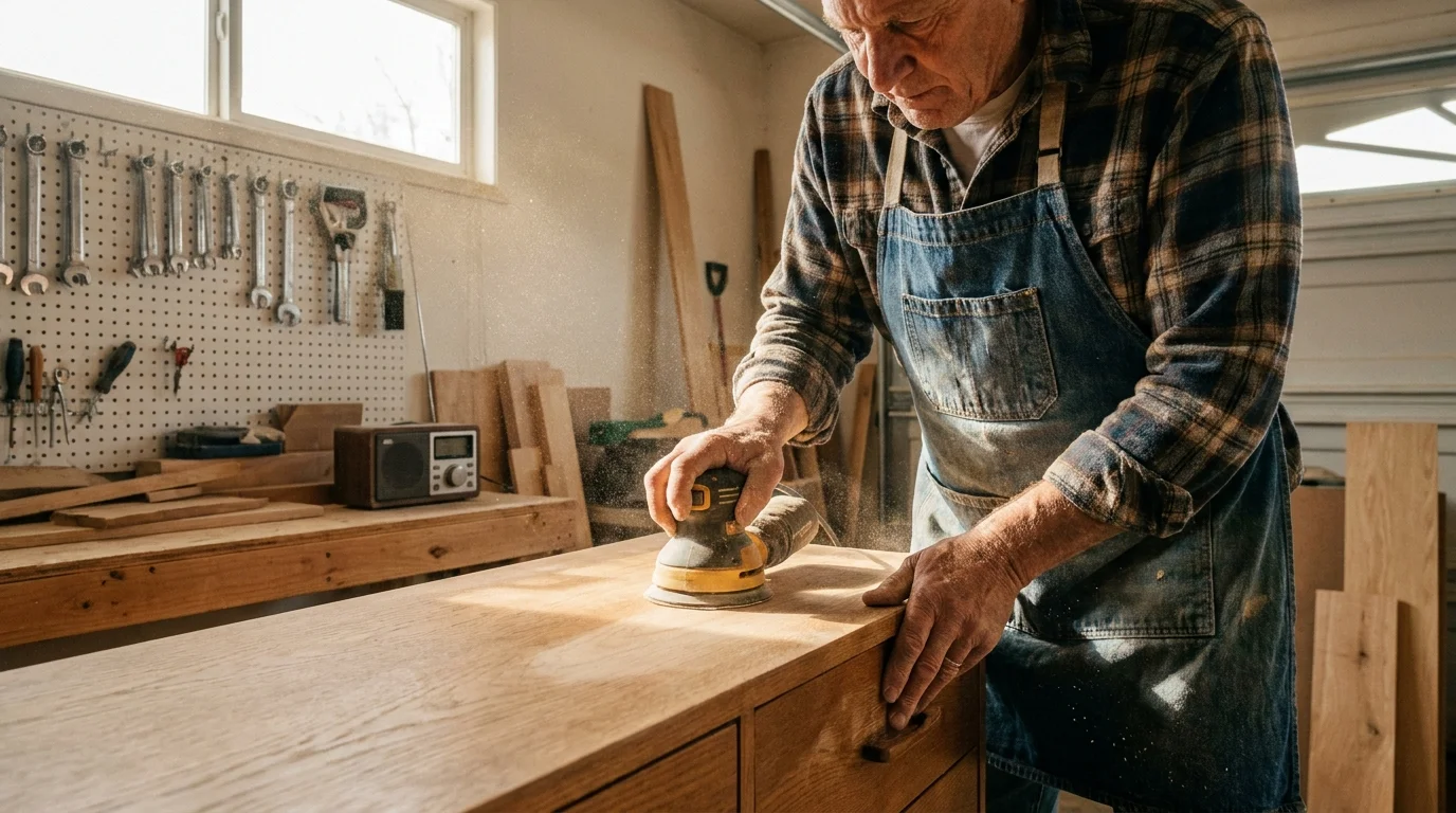A senior man in an apron sands a vintage oak dresser in a sunlit garage workshop filled with woodworking tools.