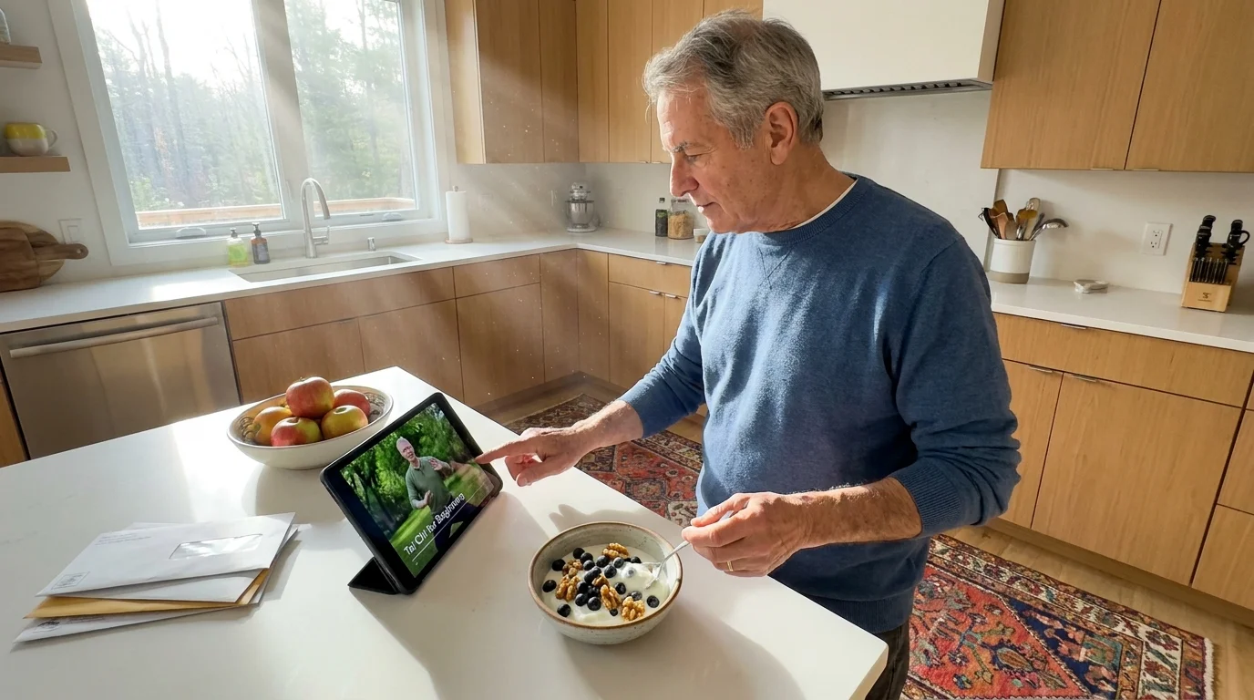 A senior man in his kitchen preparing a healthy breakfast while watching a Tai Chi video on a tablet.