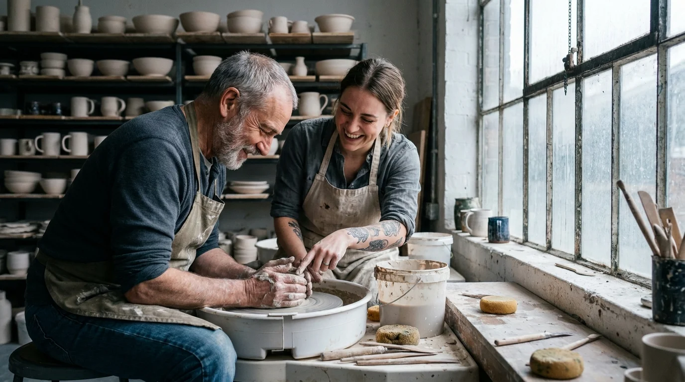 A senior man learns pottery from an instructor in a bright studio, highlighting new relationships built on learning and creativity.