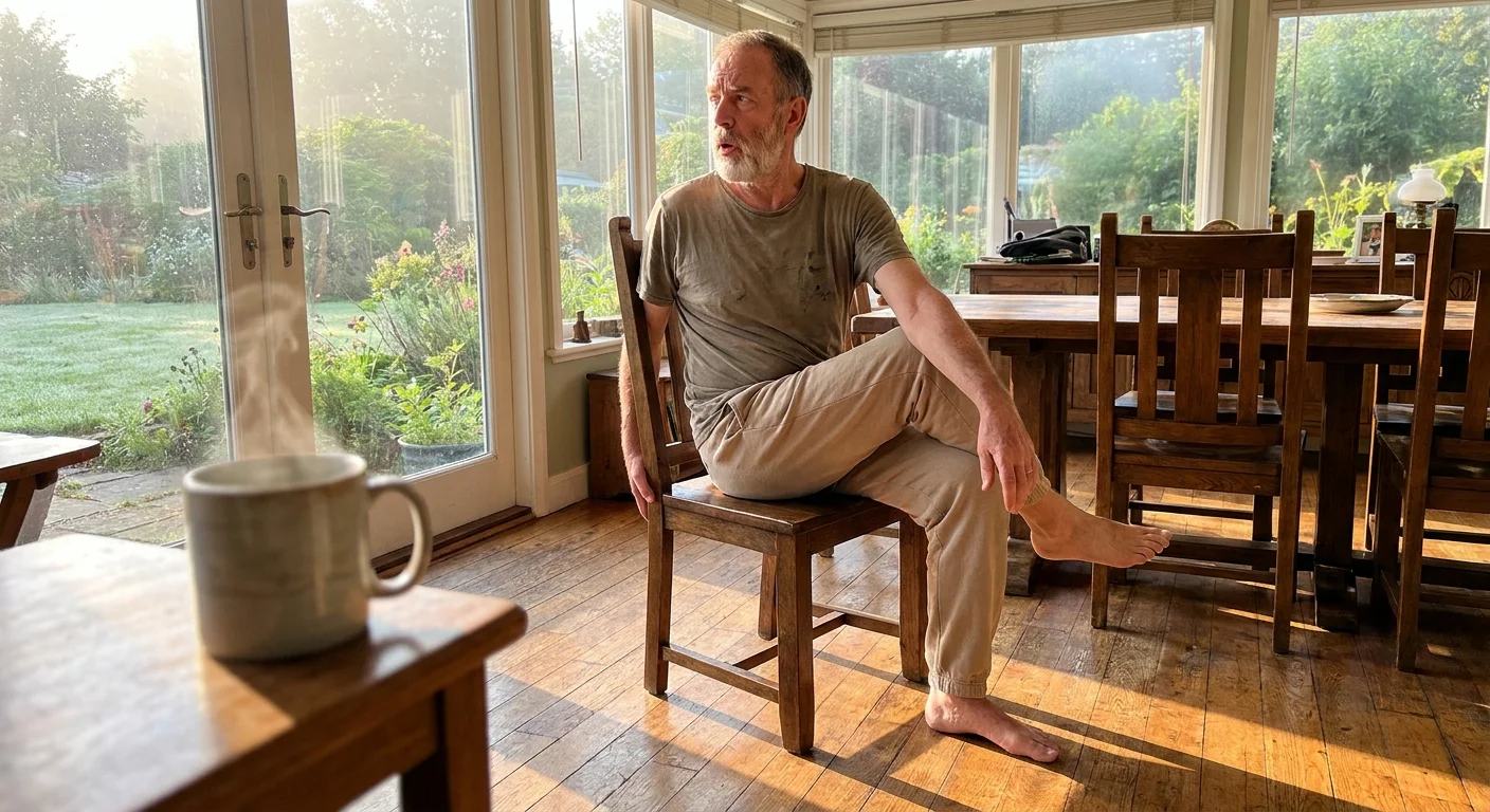 A senior man performing a seated spinal twist in a sunlit room during his morning routine.