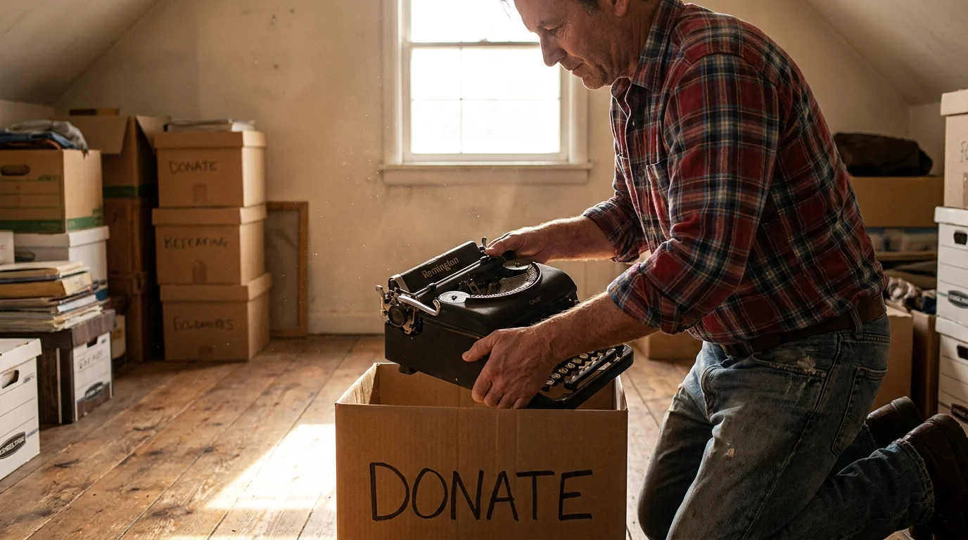 A senior man placing a vintage typewriter into a donation box in a bright, sunlit room.